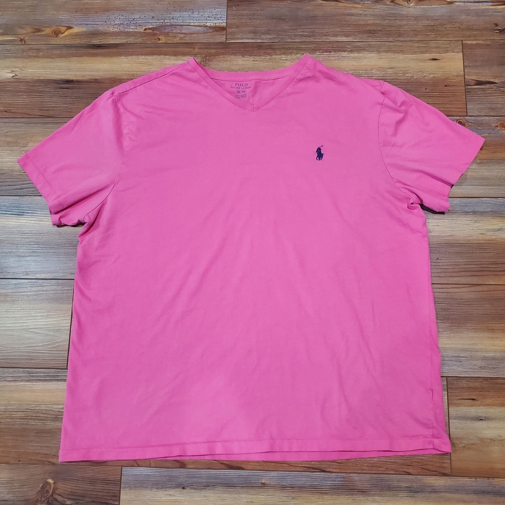 Polo Ralph Lauren Mens XL Pink V-Neck Short Sleeve Cotton Pony Logo T-Shirt